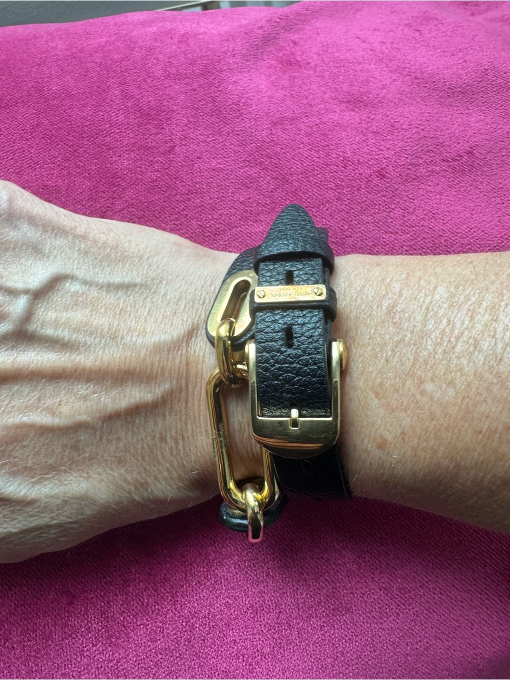 Henri Bendel Black Leather and Gold Chain Wrap Bracelet